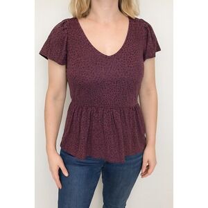 Lucky Brand Animal‎ Print Peplum Top V-Neck Short Sleeve Blouse Size M